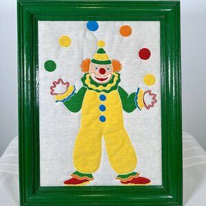 Vintage Juggling Circus Clown Quilted Fabric Picture Framed MCM Kitsch Nursery